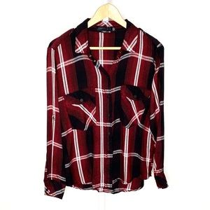 Sanctuary | Red/Black/White Plaid Rayon Snap-Closure Button-Down Sz Medium